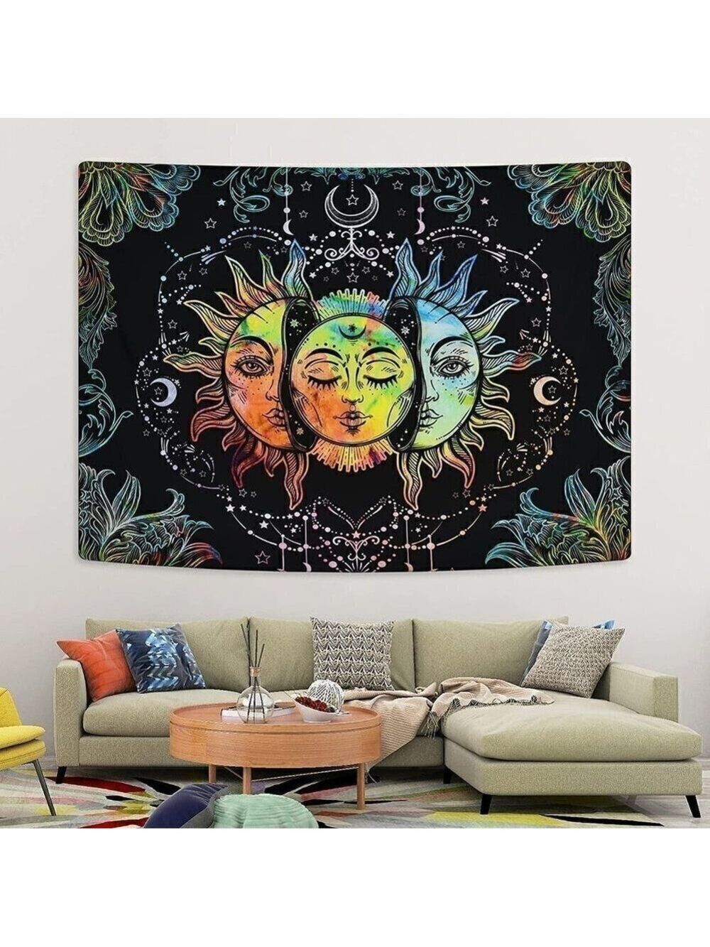 Psychedelic Burning Sun Moon Stars Tapestry Mandala Living Room Bedroom Dorm NWT